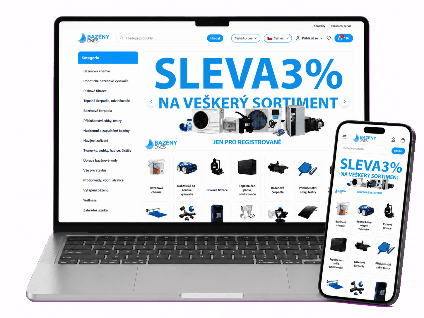 Mockup notebooku a telefonu s e-shopem Bazény Dnes